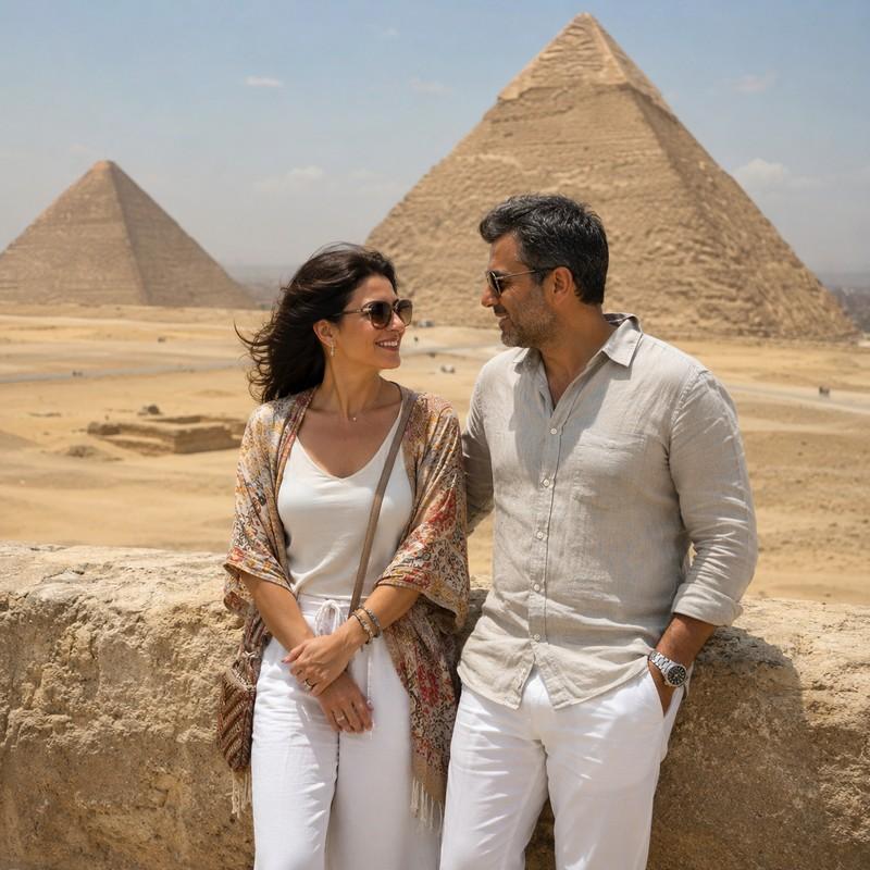 giza pyramids egypt coupl