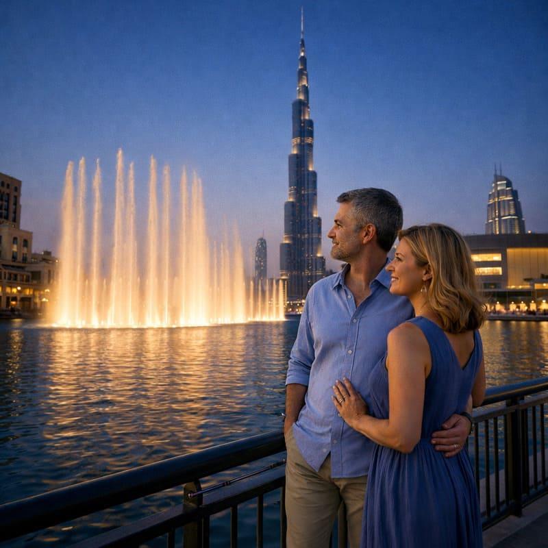 dubai fountain boardwalk dubai couple